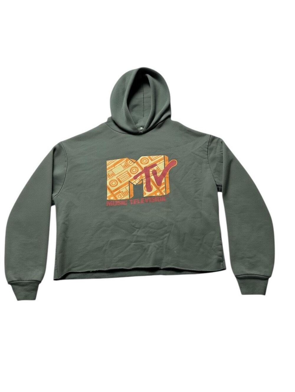 MTV Y2K Cropped Graphic Hoodie Size Small Green Retro Streetwear